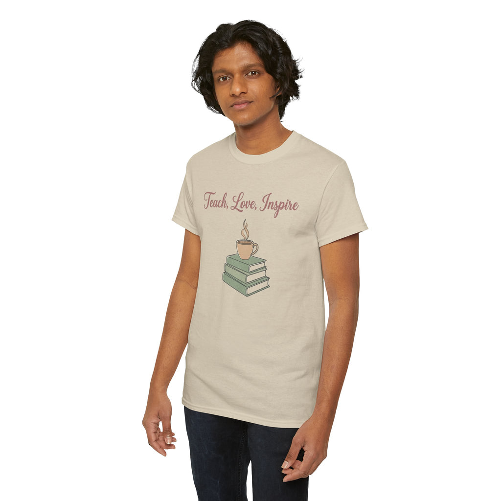 Teacher Tee — "Teach, Love, Inspire" Book & Coffee Graphic T-Shirt
