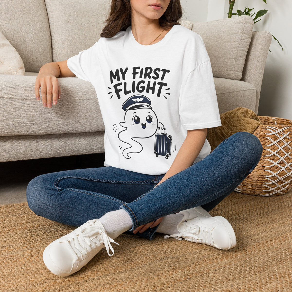 My First Flight T-Shirt — Cute Baby/Infant Travel Tee (Pilot Hat Ghost Design)