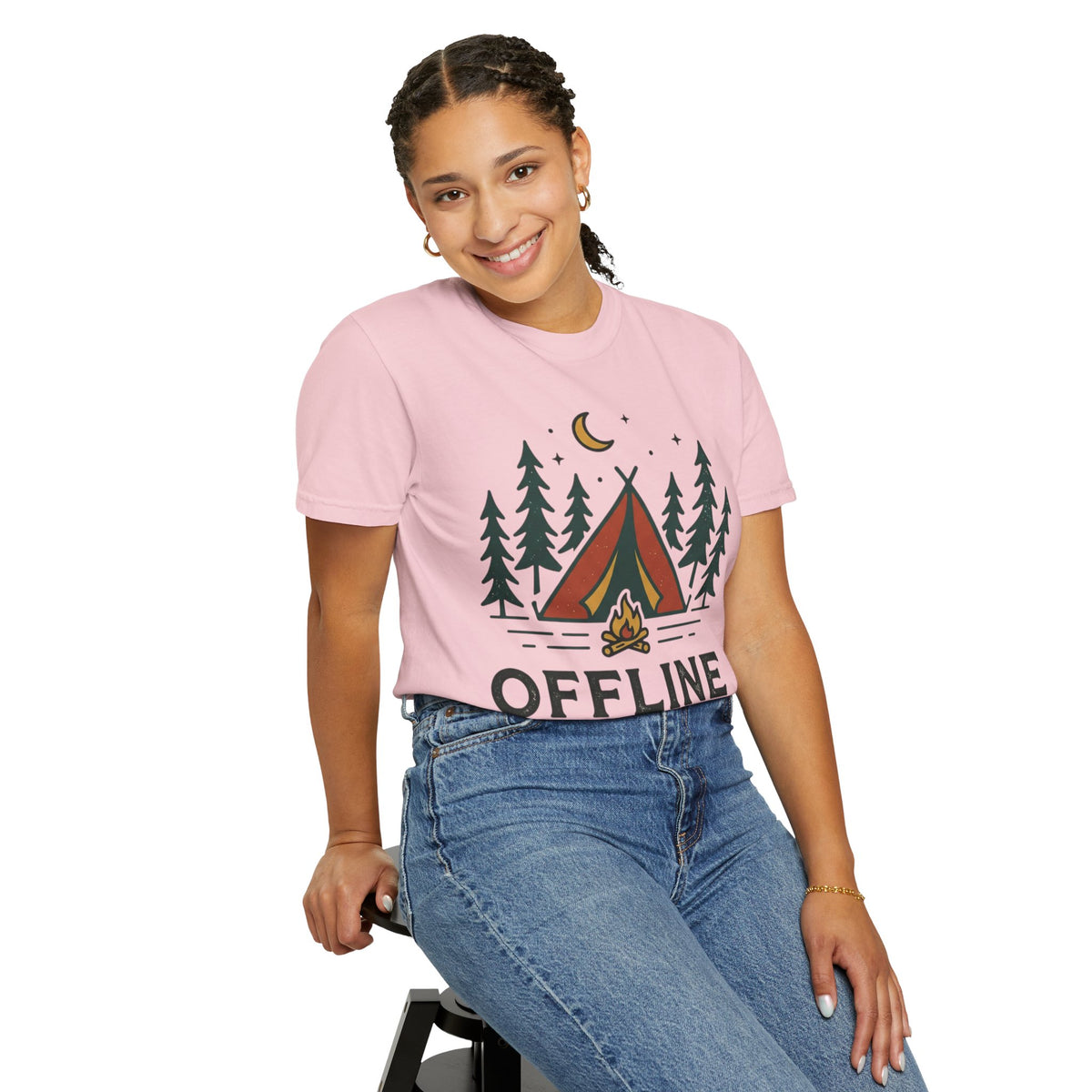 Camping T-Shirt — "Offline and Outside" Tent & Campfire Graphic