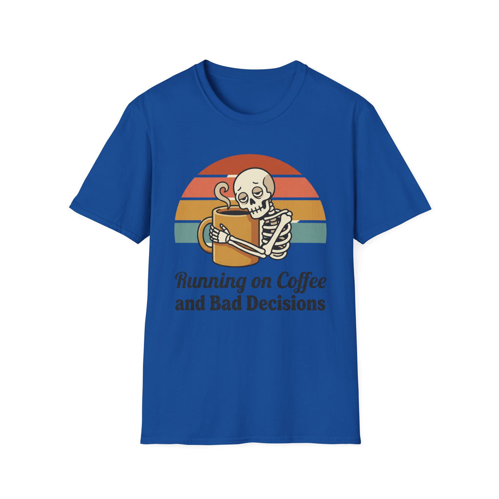 Running on Coffee and Bad Decisions T-Shirt — Retro Skeleton Coffee Tee