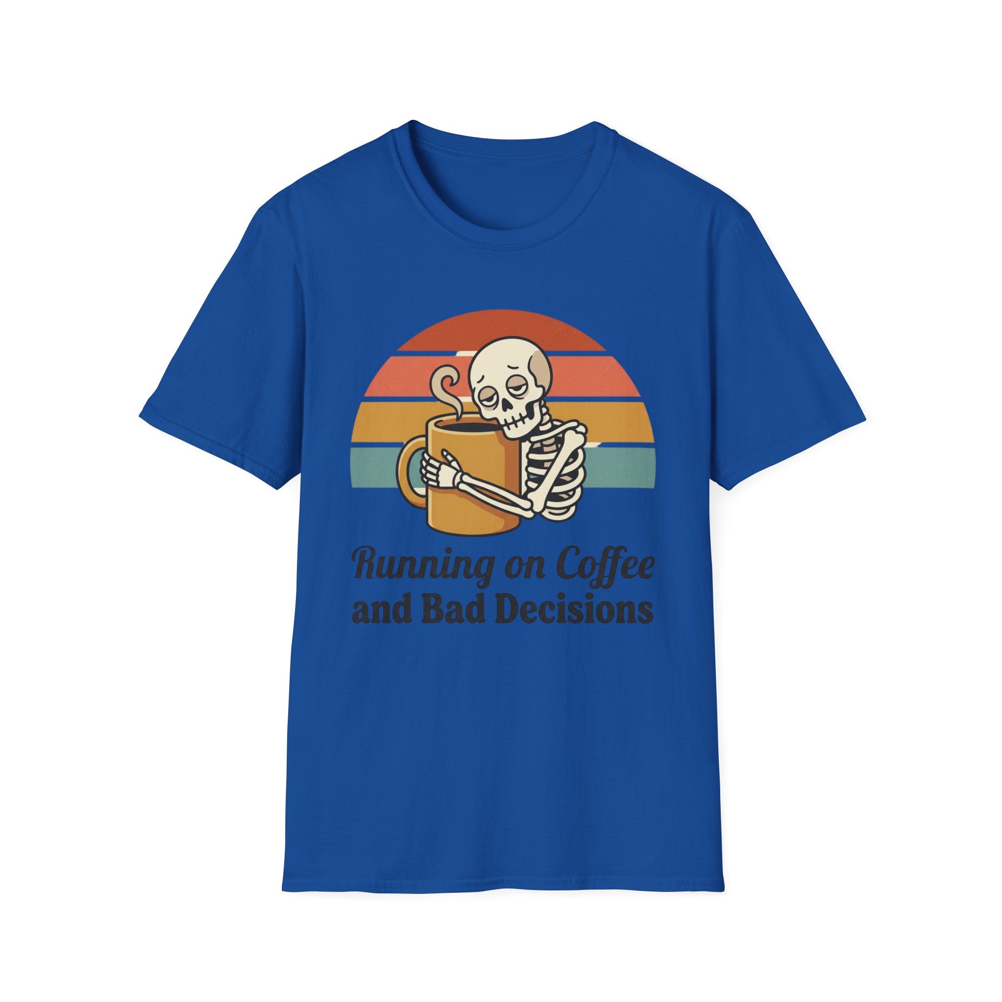 Running on Coffee and Bad Decisions T-Shirt — Retro Skeleton Coffee Tee