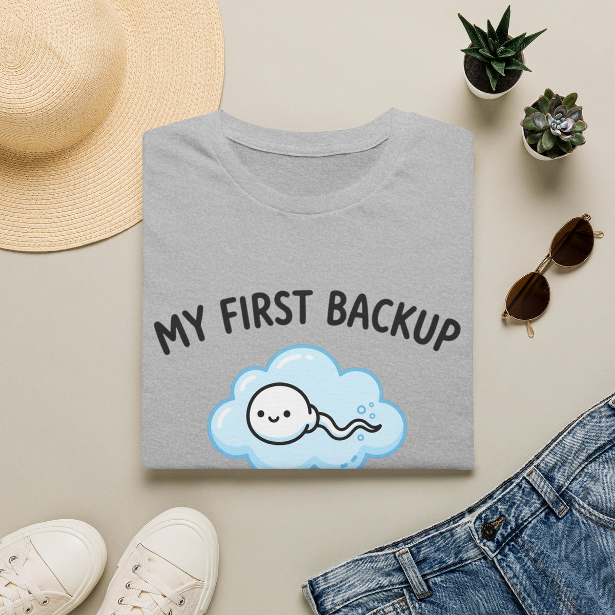 T-Shirt — "My First Backup" Cute Sperm Cloud Graphic Tee | Fertility & IVF Announcement Gift