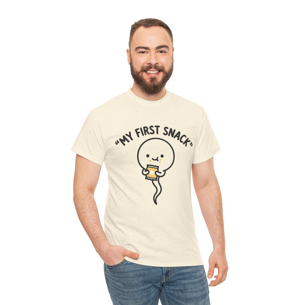 My First Snack Cute Sperm Graphic Tee — Funny Pregnancy Announcement Shirt