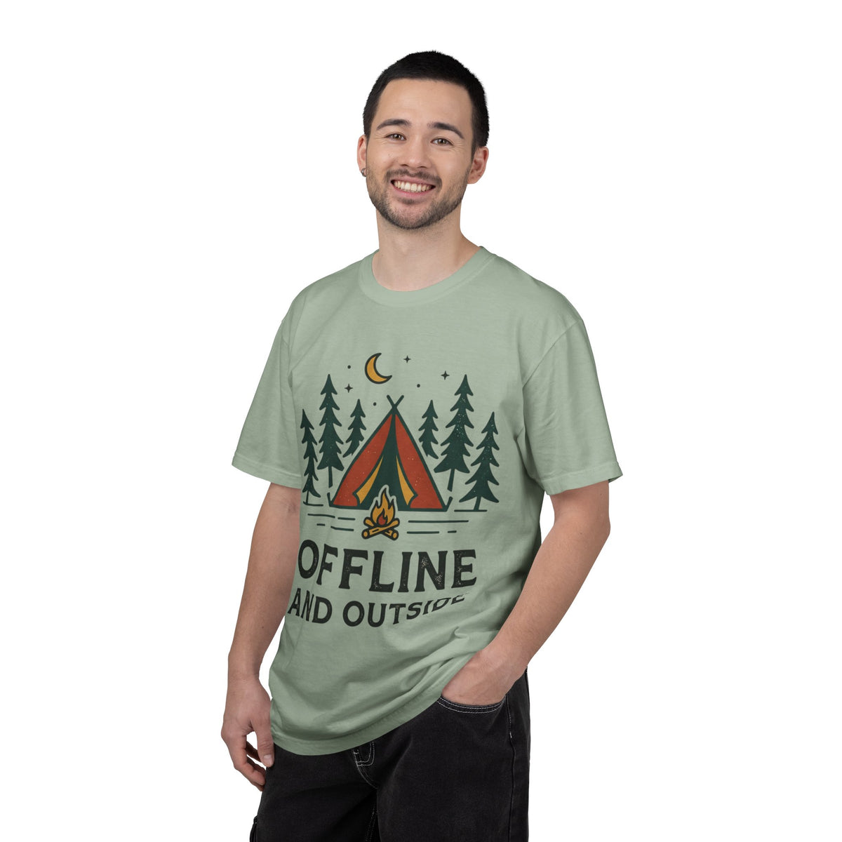 Camping T-Shirt — "Offline and Outside" Tent & Campfire Graphic