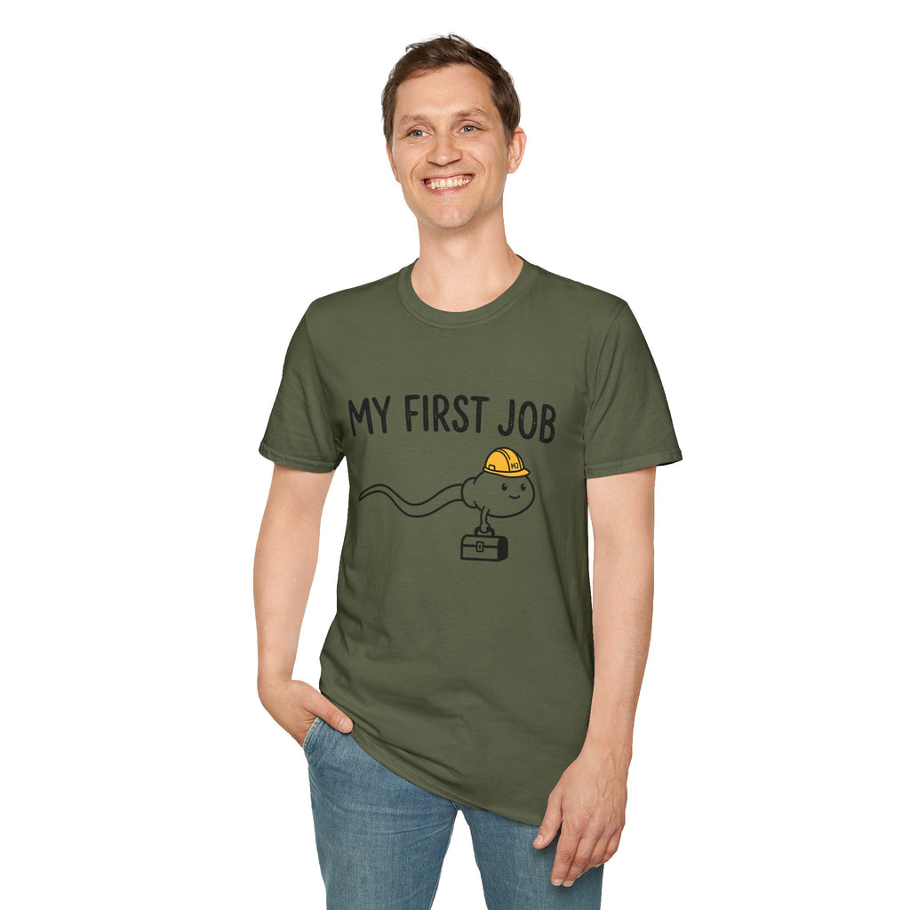 My First Job T-Shirt — Cute Sperm Cell Cartoon Construction Helmet Tee