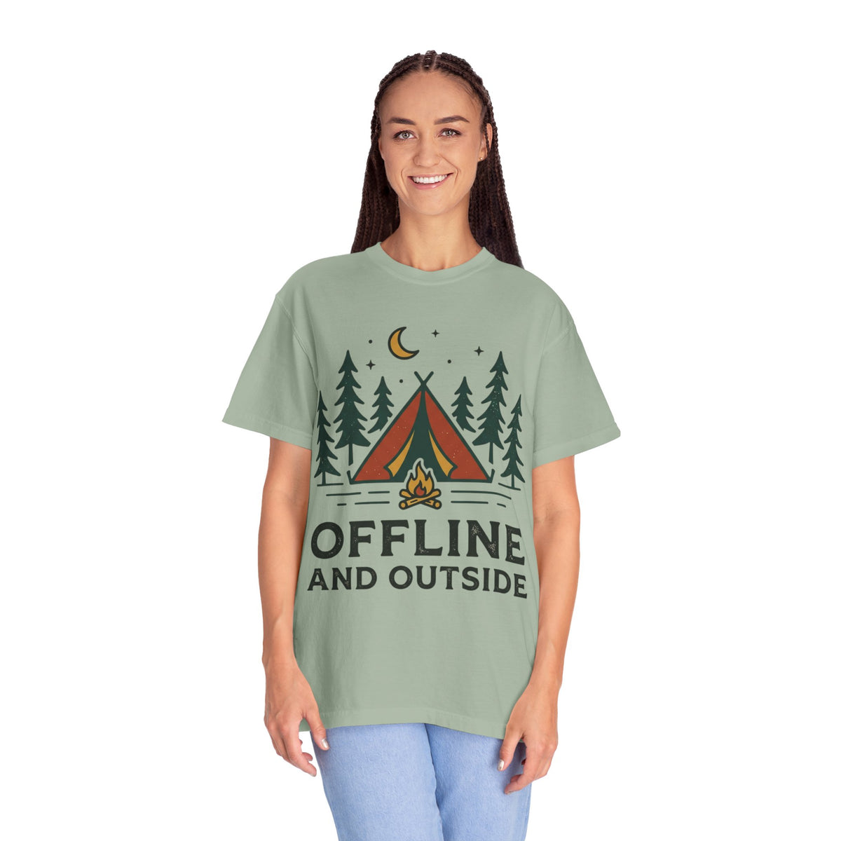 Camping T-Shirt — "Offline and Outside" Tent & Campfire Graphic