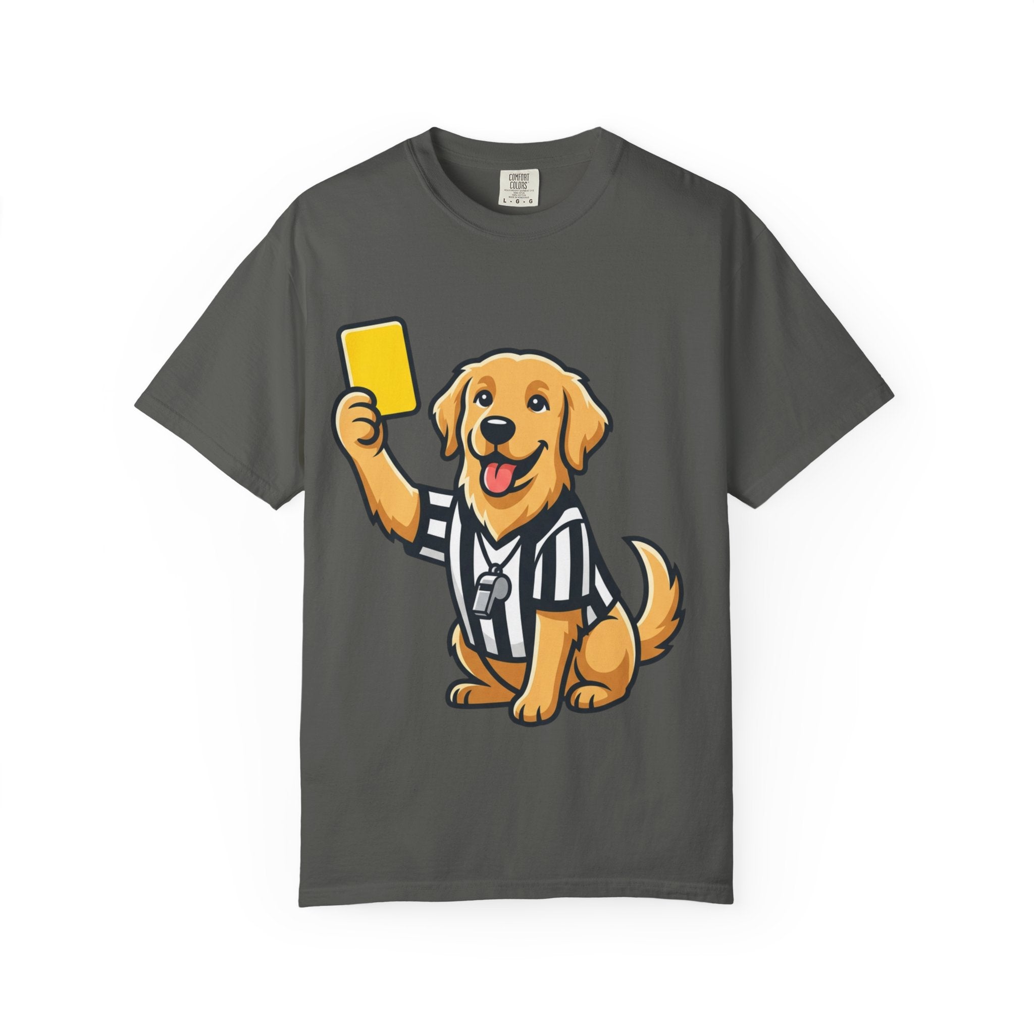 Referee Golden Retriever T-Shirt — Cute Dog Holding Yellow Card Graphic Tee