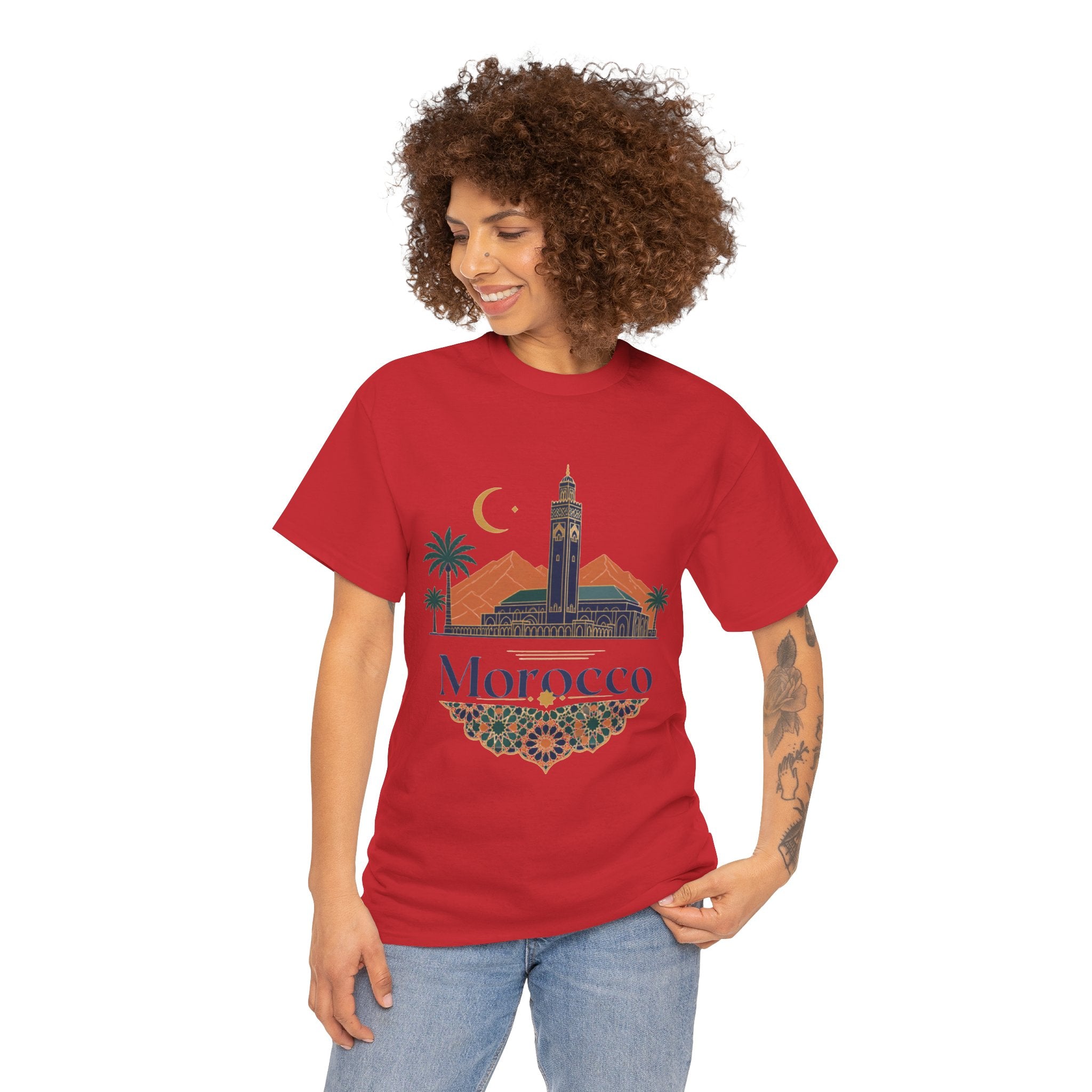 Morocco Travel T-Shirt — Atlas Mountains & Koutoubia Mosque Graphic Tee