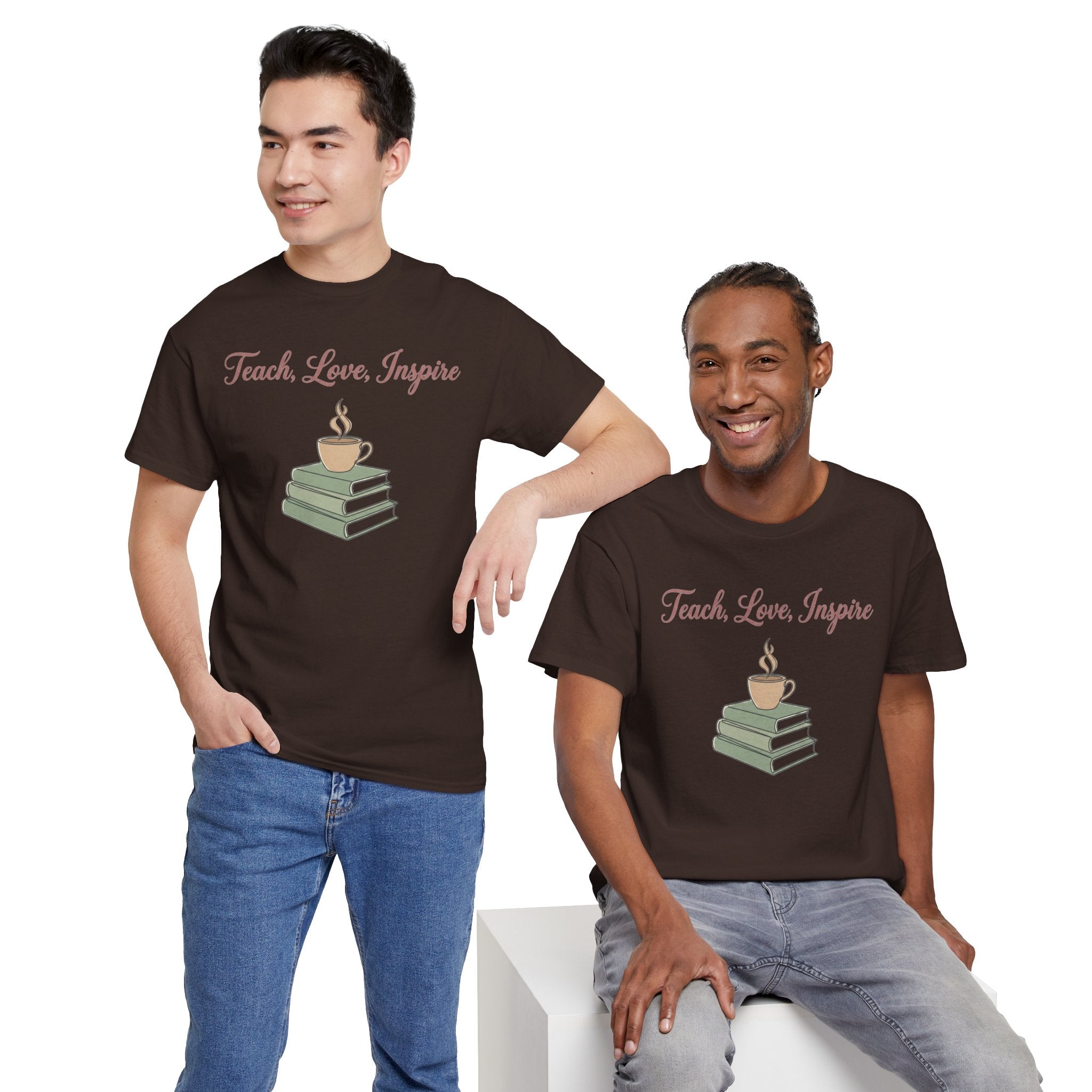 Teacher Tee — "Teach, Love, Inspire" Book & Coffee Graphic T-Shirt