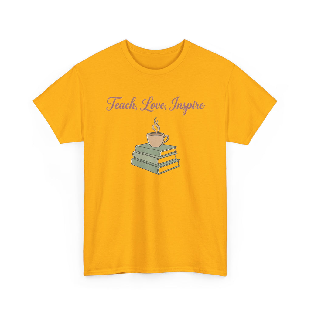 Teacher Tee — "Teach, Love, Inspire" Book & Coffee Graphic T-Shirt