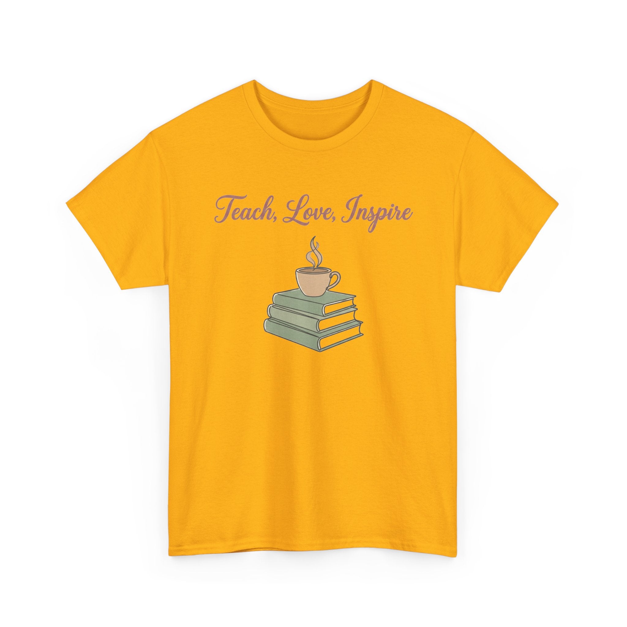 Teacher Tee — "Teach, Love, Inspire" Book & Coffee Graphic T-Shirt
