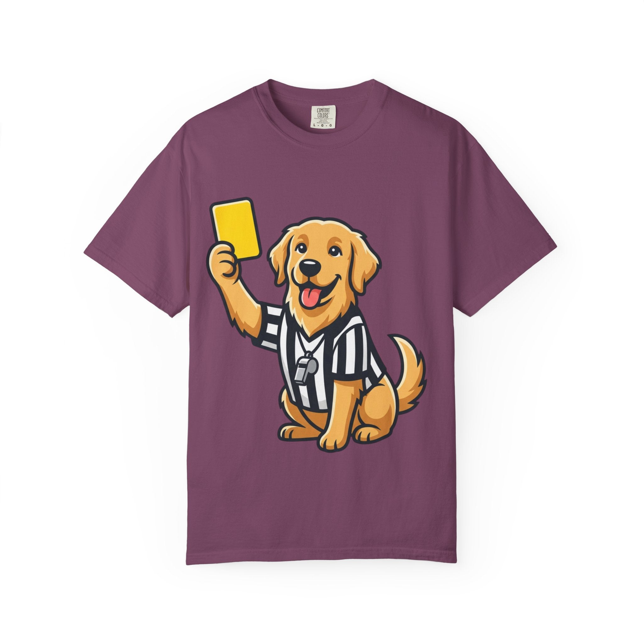 Referee Golden Retriever T-Shirt — Cute Dog Holding Yellow Card Graphic Tee