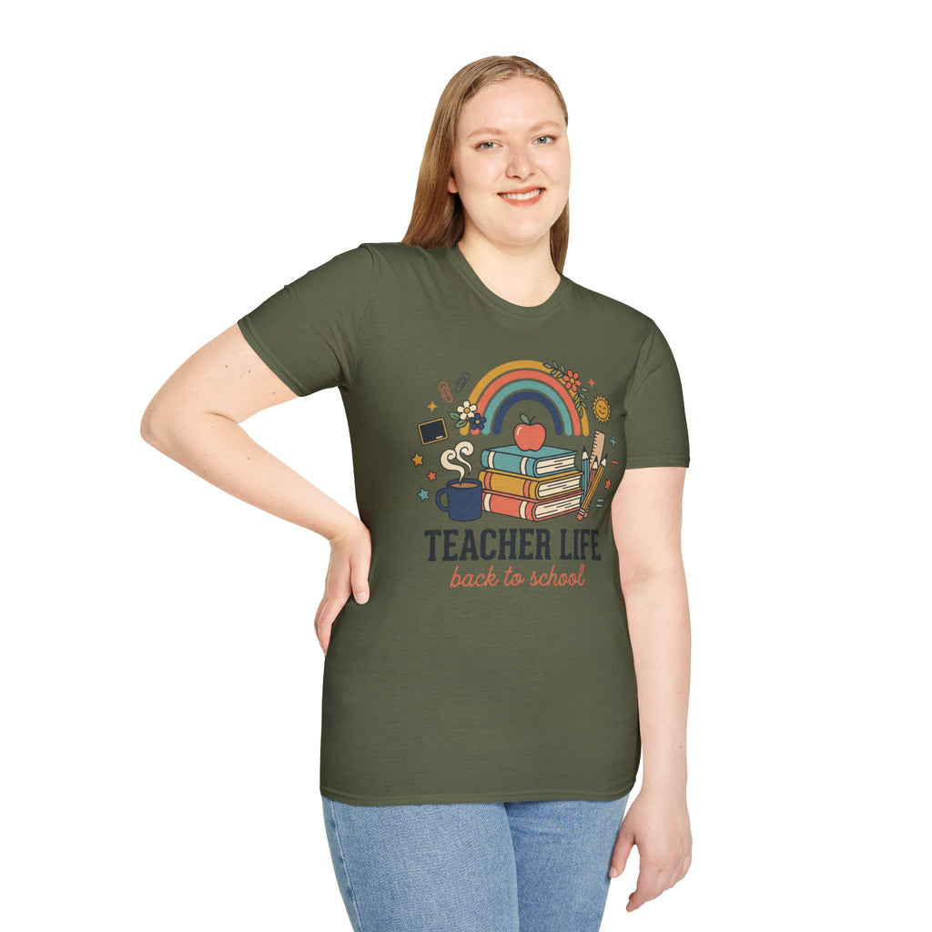 Teacher Life Back to School T-Shirt — Rainbow Books & Apple Graphic