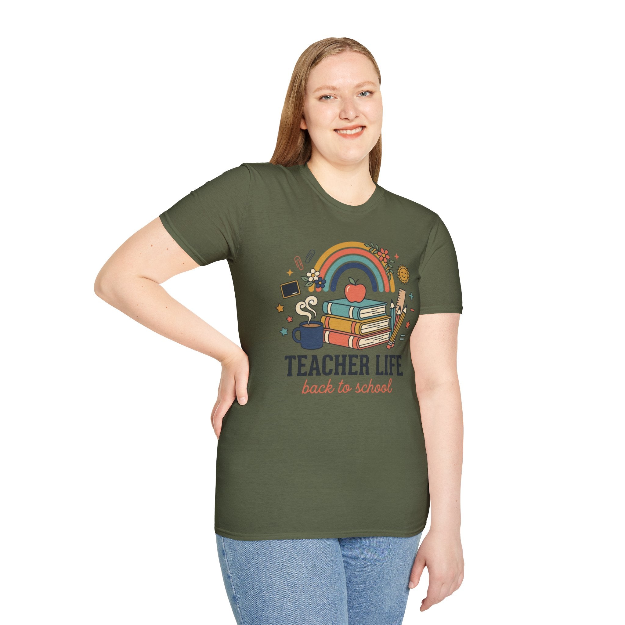 Teacher Life Back to School T-Shirt — Rainbow Books & Apple Graphic