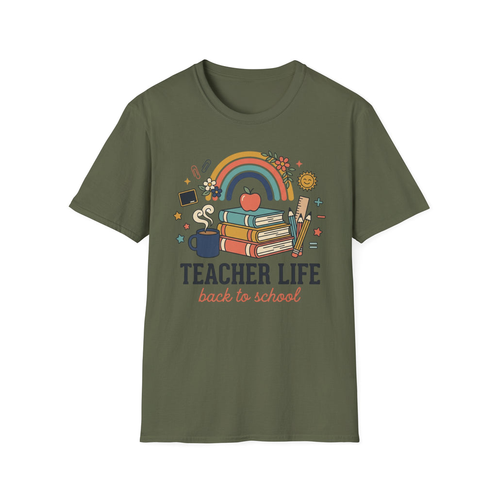 Teacher Life Back to School T-Shirt — Rainbow Books & Apple Graphic
