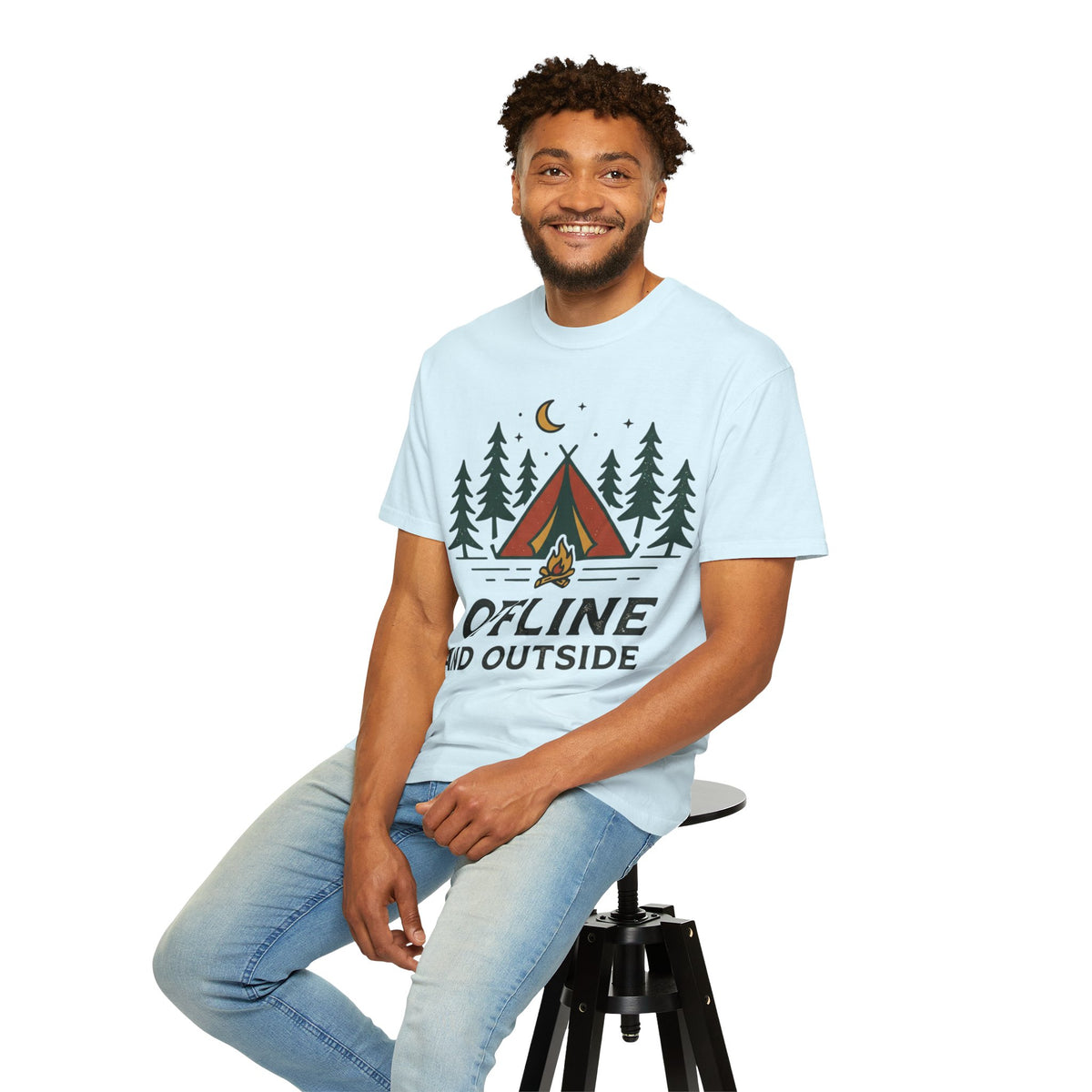 Camping T-Shirt — "Offline and Outside" Tent & Campfire Graphic
