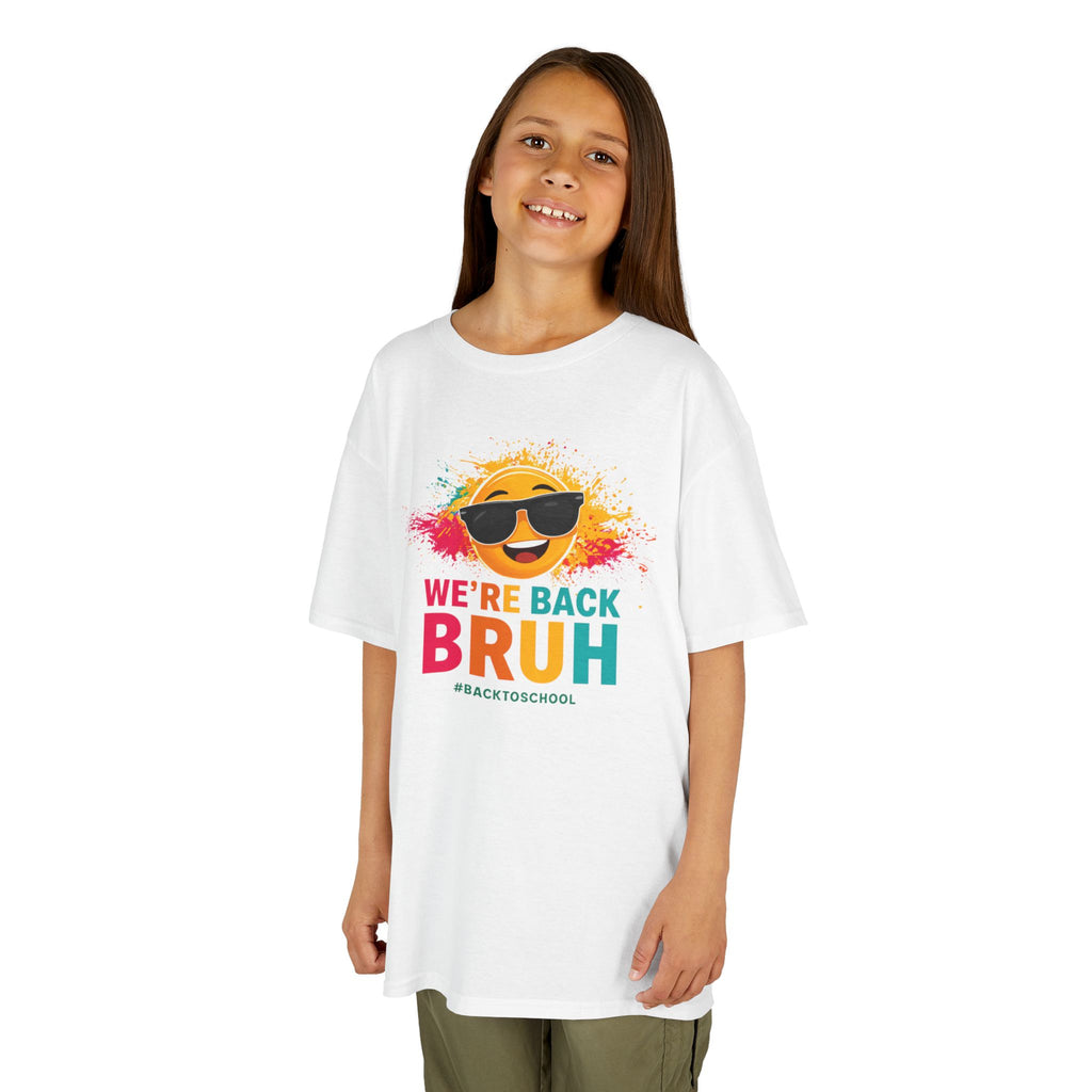 We're Back Bruh Kids Tee — Colorful Sunny Sunglasses Graphic Shirt for Kids