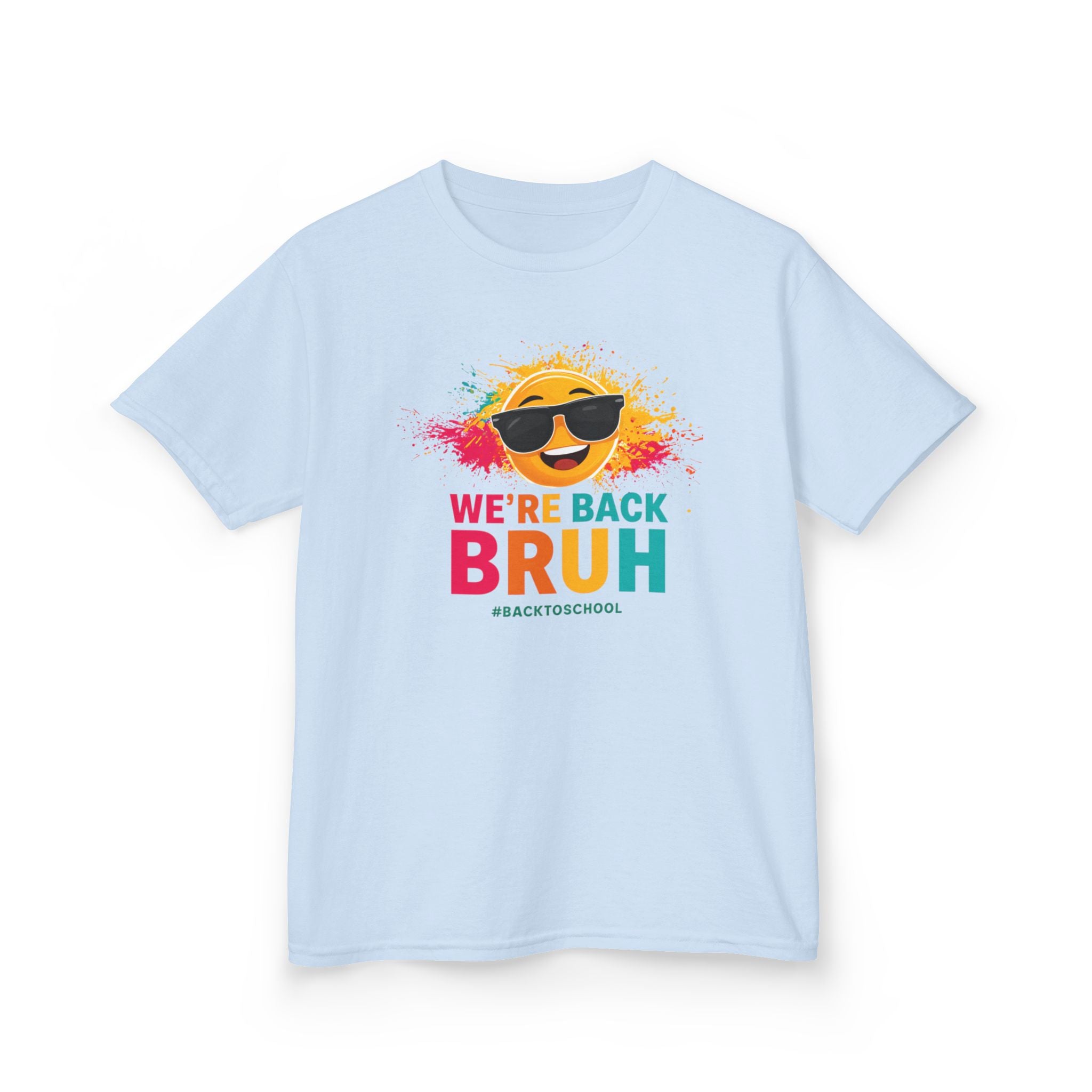 We're Back Bruh Kids Tee — Colorful Sunny Sunglasses Graphic Shirt for Kids