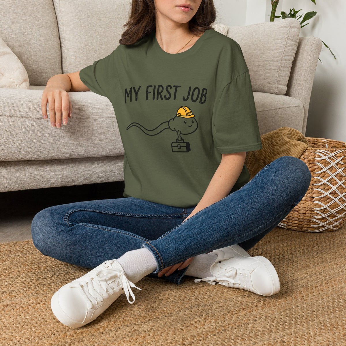 My First Job T-Shirt — Cute Sperm Cell Cartoon Construction Helmet Tee