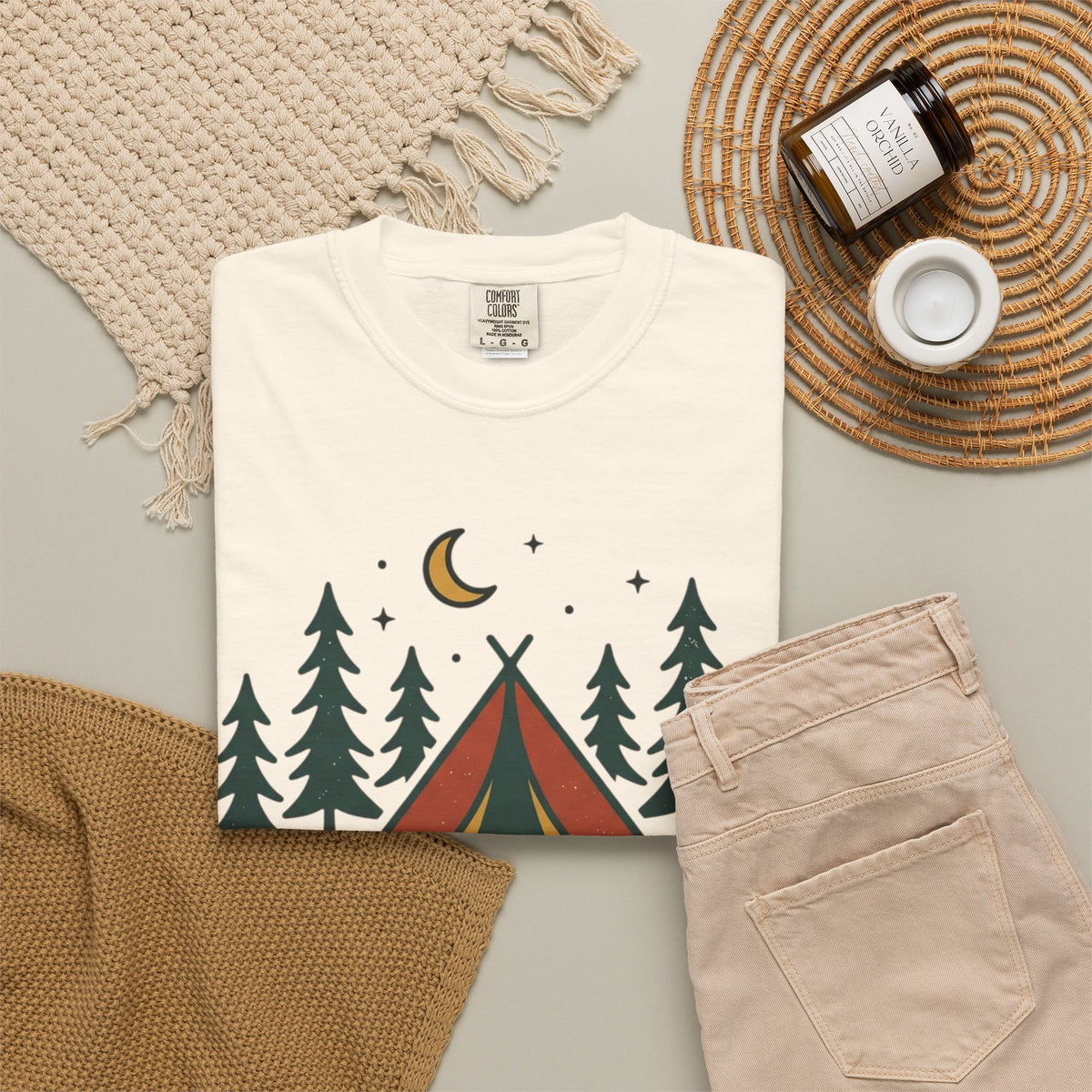 Camping T-Shirt — "Offline and Outside" Tent & Campfire Graphic