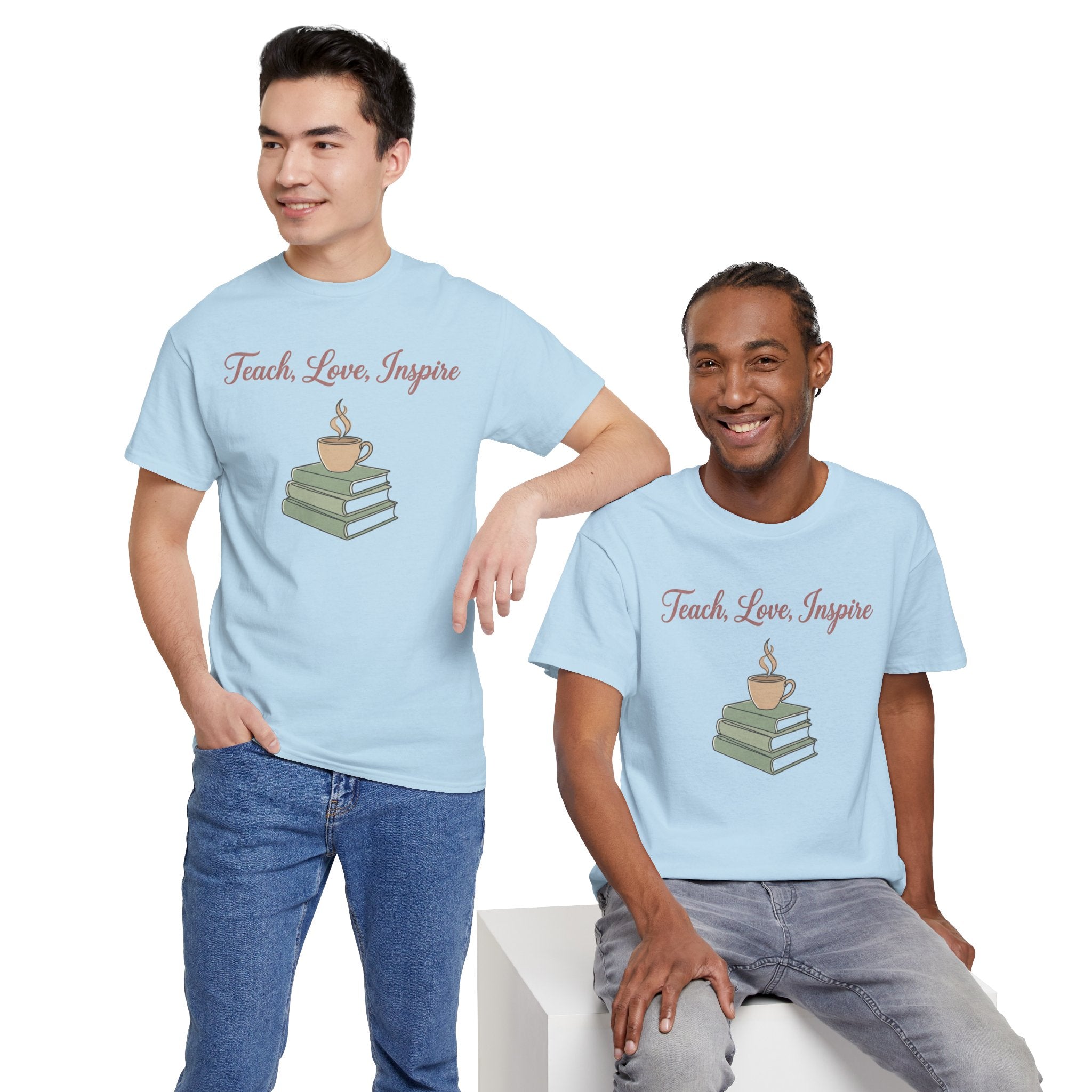 Teacher Tee — "Teach, Love, Inspire" Book & Coffee Graphic T-Shirt