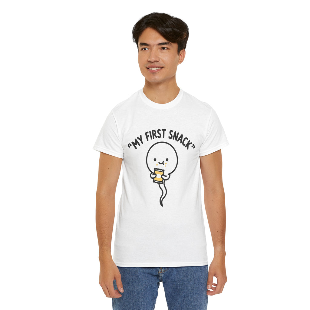 My First Snack Cute Sperm Graphic Tee — Funny Pregnancy Announcement Shirt
