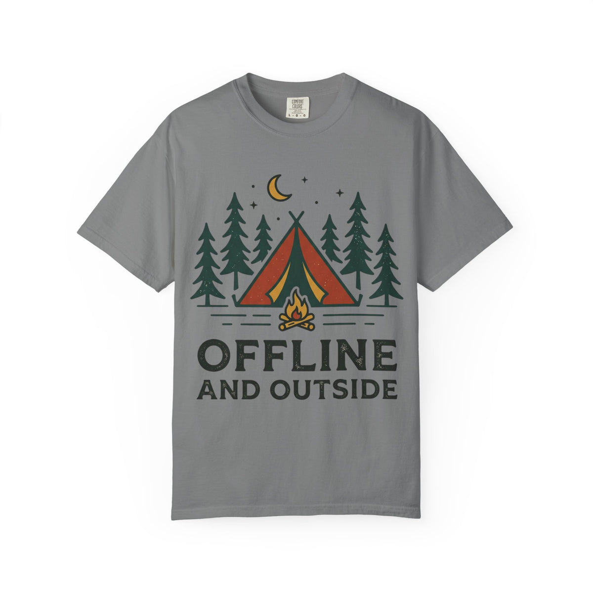 Camping T-Shirt — "Offline and Outside" Tent & Campfire Graphic