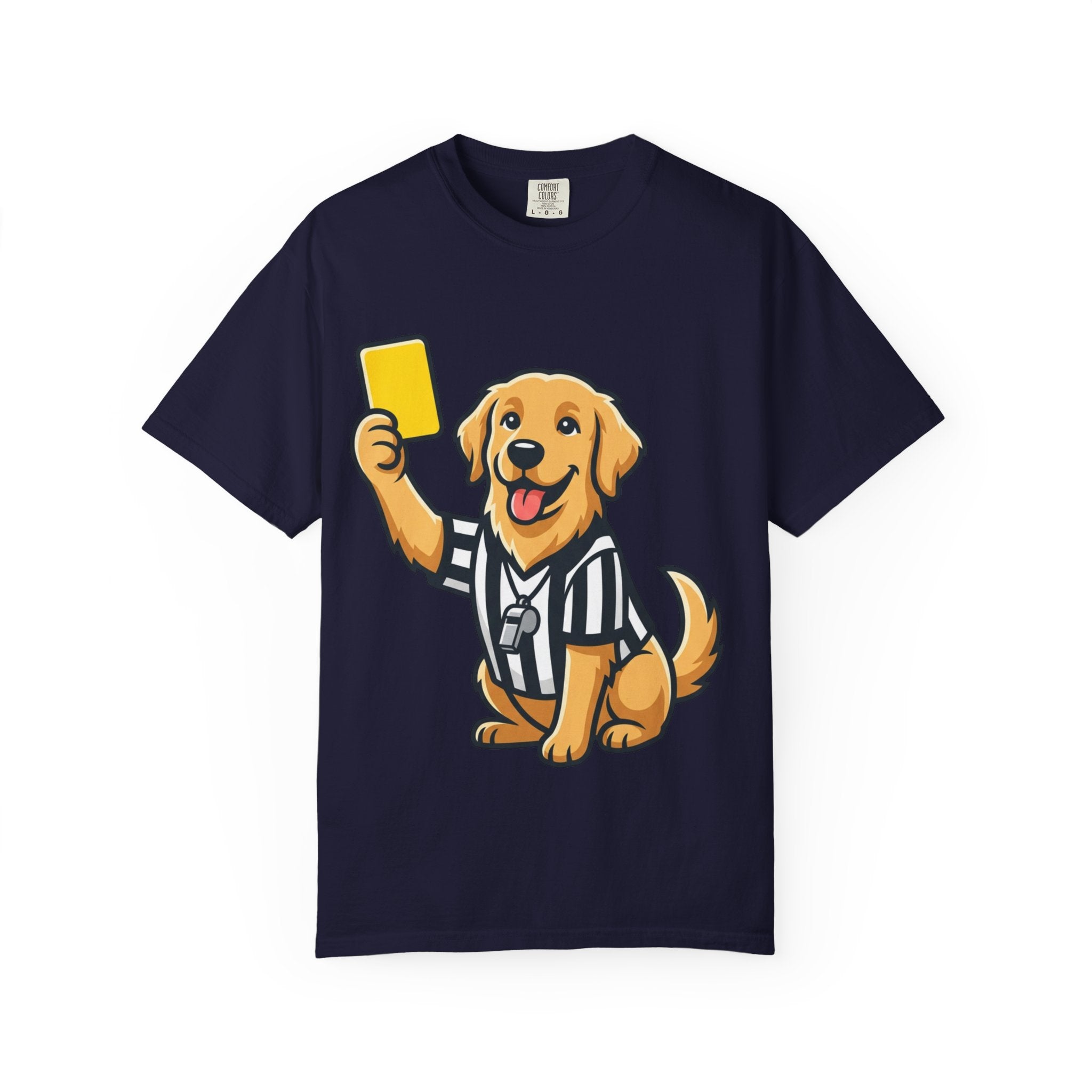 Referee Golden Retriever T-Shirt — Cute Dog Holding Yellow Card Graphic Tee