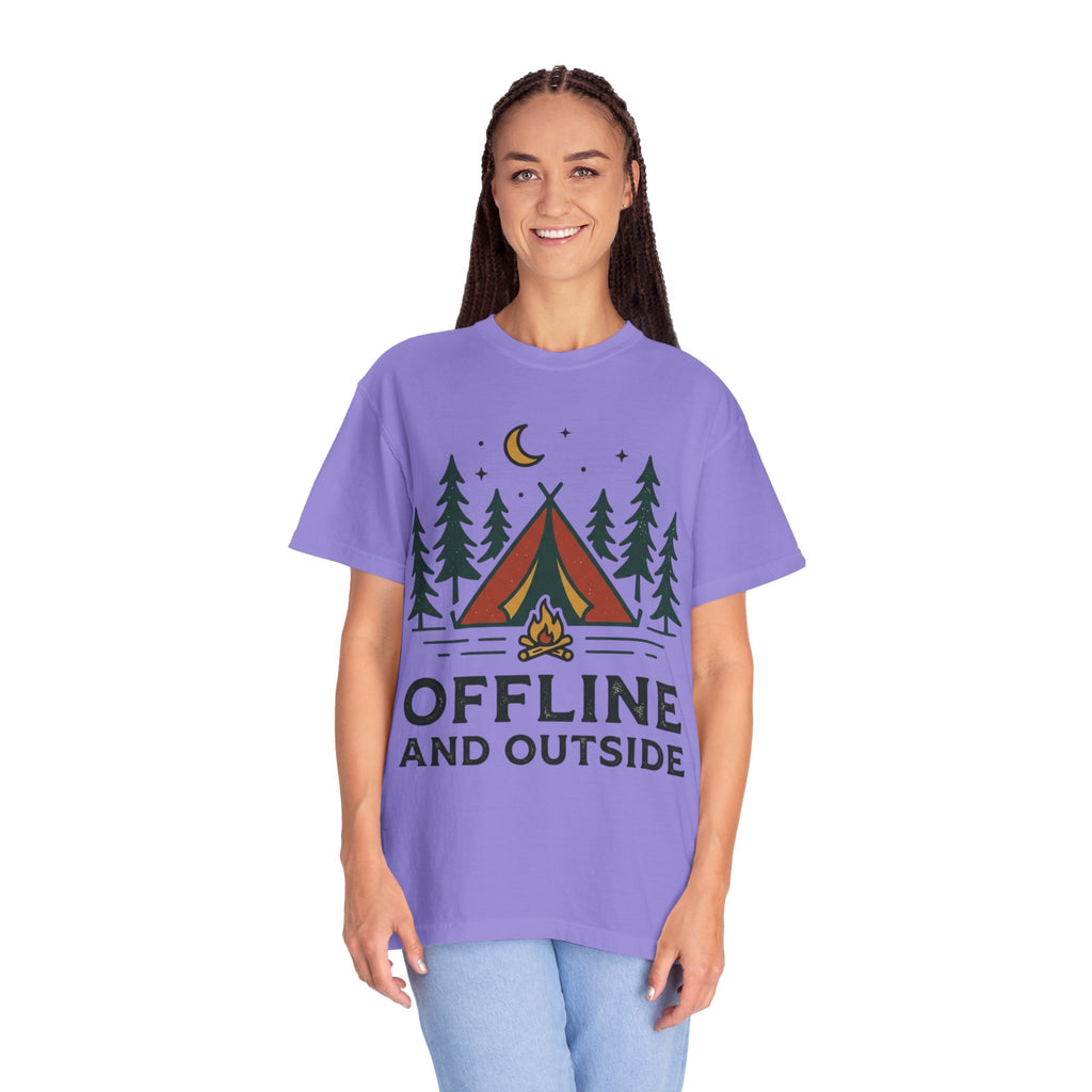 Camping T-Shirt — "Offline and Outside" Tent & Campfire Graphic
