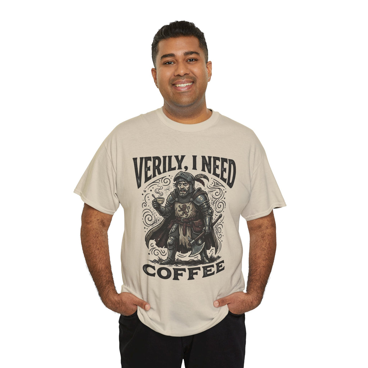 Coffee Viking T‑Shirt — “Verily, I Need Coffee” Medieval Warrior Tee