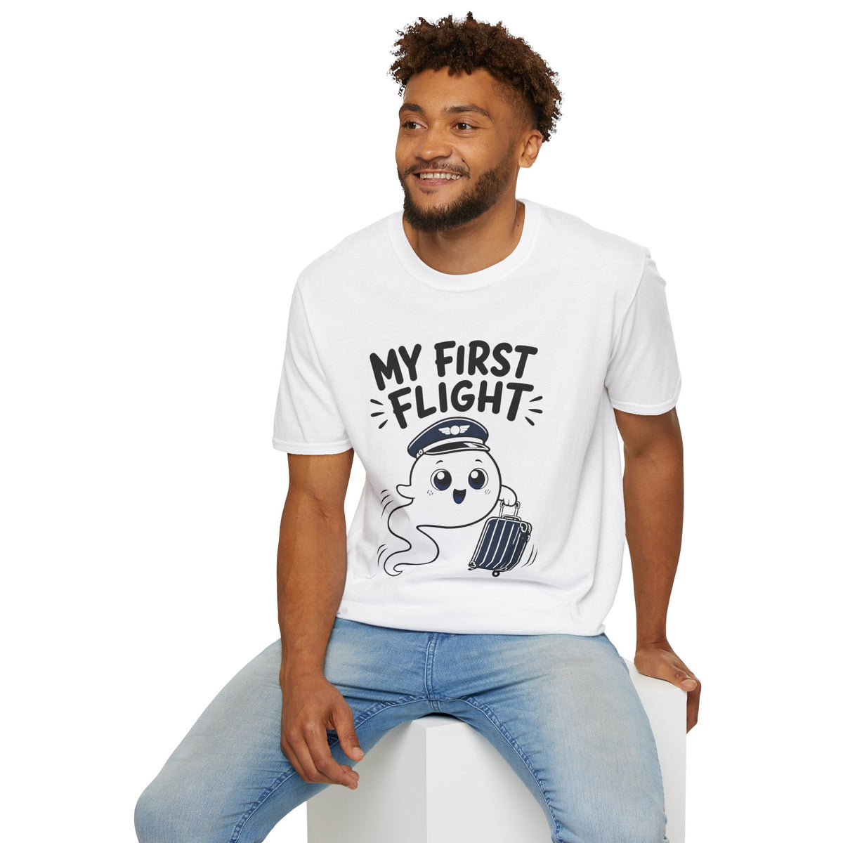 My First Flight T-Shirt — Cute Baby/Infant Travel Tee (Pilot Hat Ghost Design)