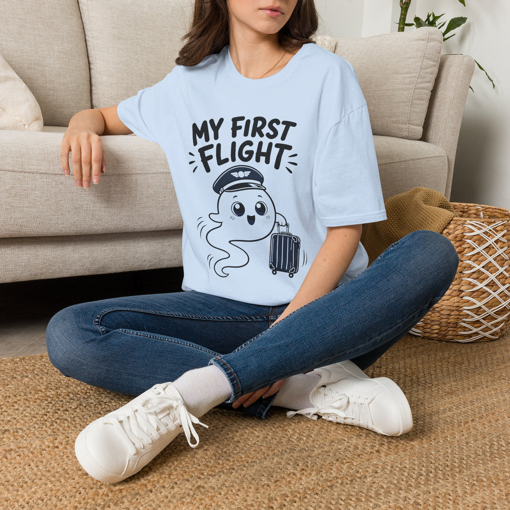 My First Flight T-Shirt — Cute Baby/Infant Travel Tee (Pilot Hat Ghost Design)