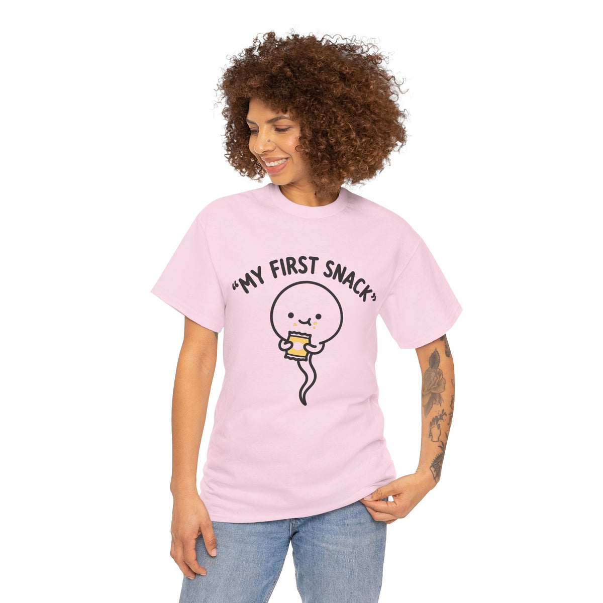 My First Snack Cute Sperm Graphic Tee — Funny Pregnancy Announcement Shirt