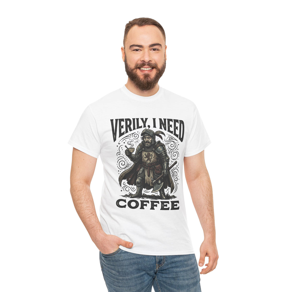 Coffee Viking T‑Shirt — “Verily, I Need Coffee” Medieval Warrior Tee