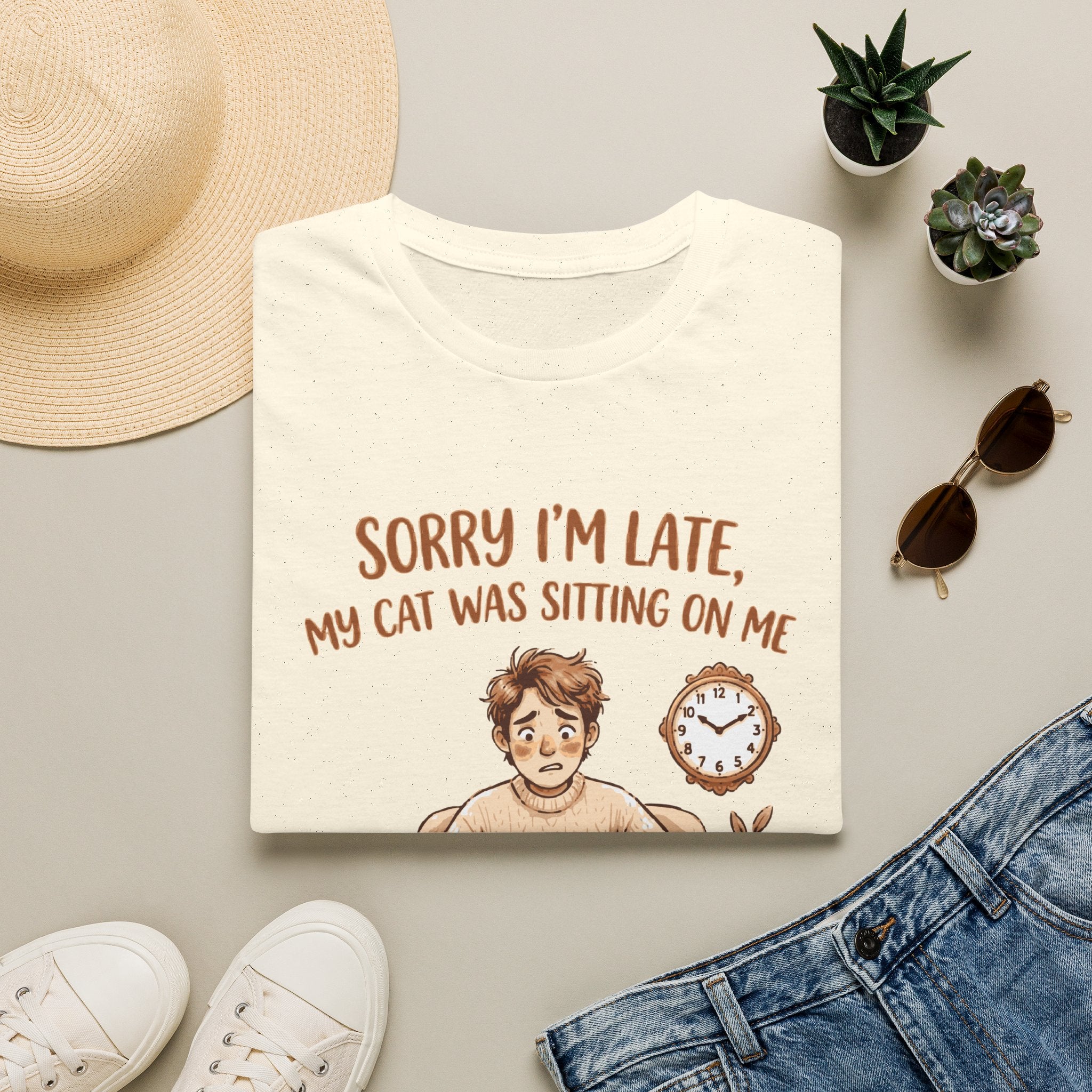 Cat Lover T‑Shirt — "Sorry I'm Late, My Cat Was Sitting On Me" Funny Graphic Tee