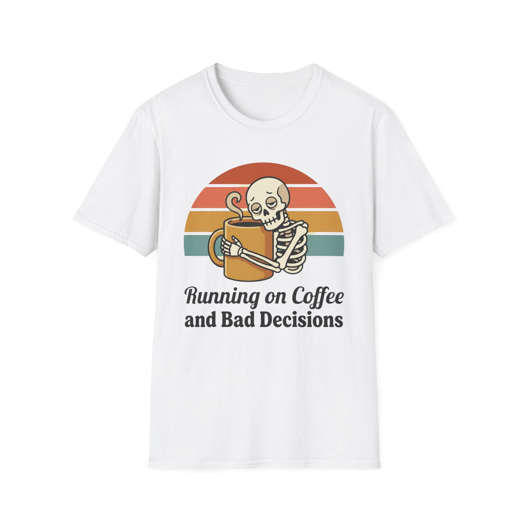 Running on Coffee and Bad Decisions T-Shirt — Retro Skeleton Coffee Tee