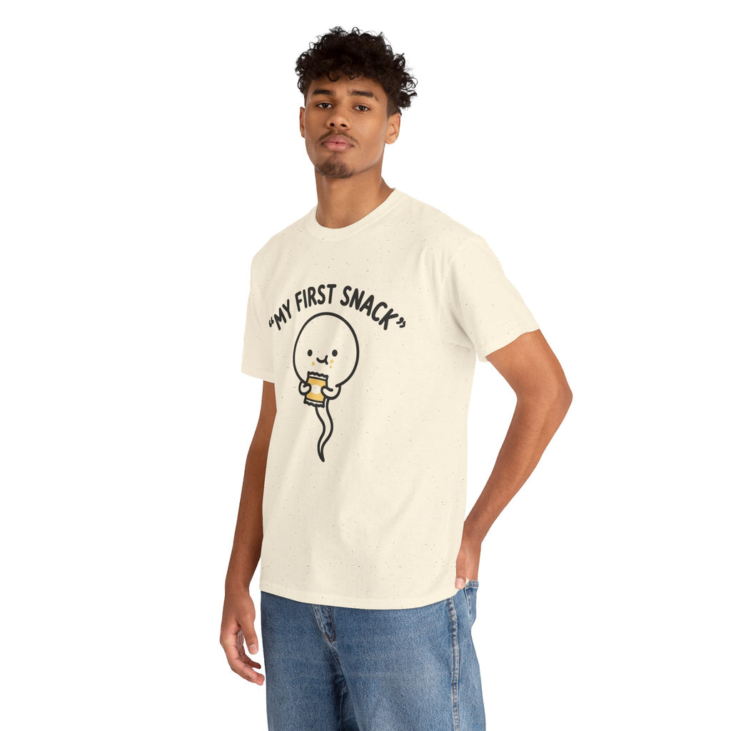 My First Snack Cute Sperm Graphic Tee — Funny Pregnancy Announcement Shirt