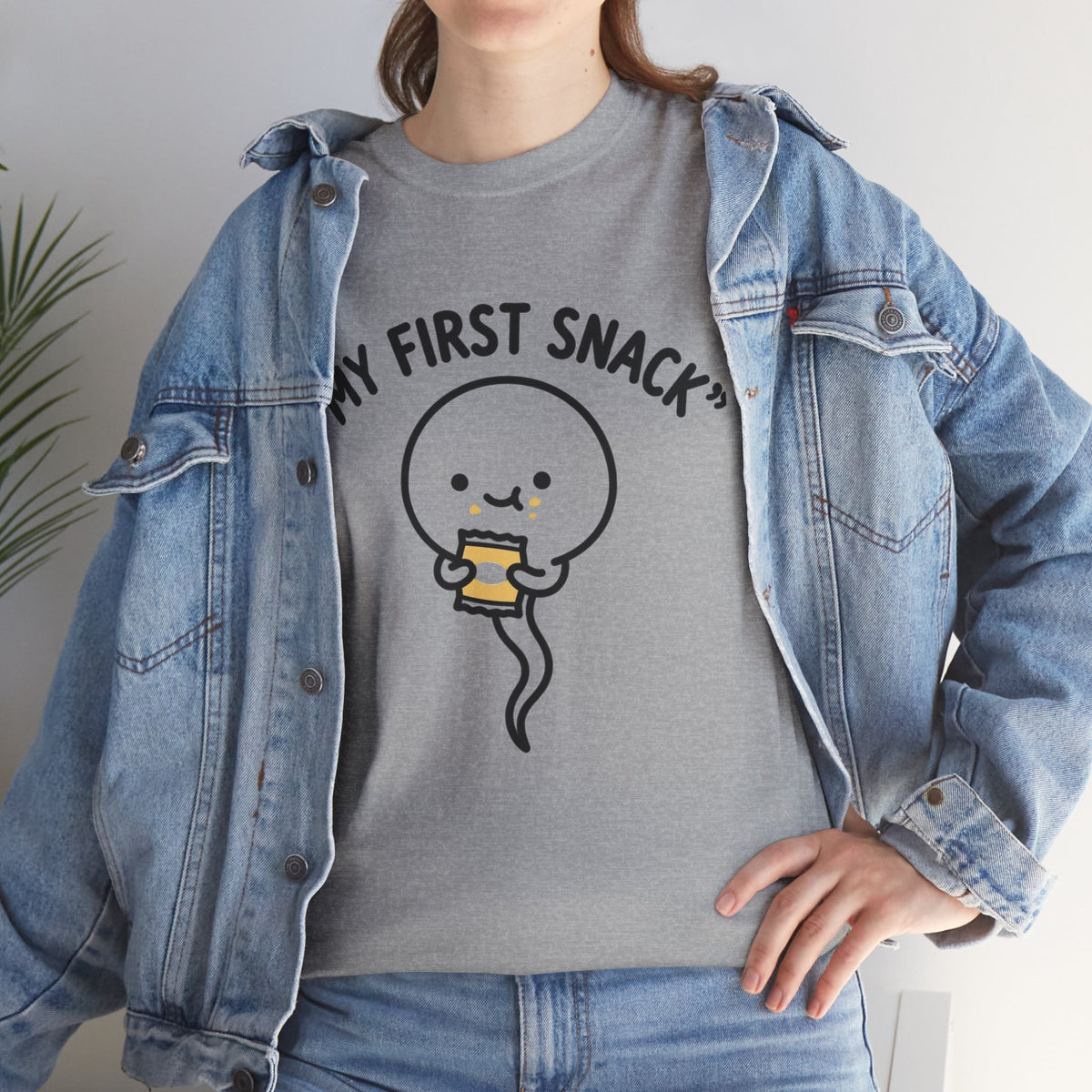 My First Snack Cute Sperm Graphic Tee — Funny Pregnancy Announcement Shirt