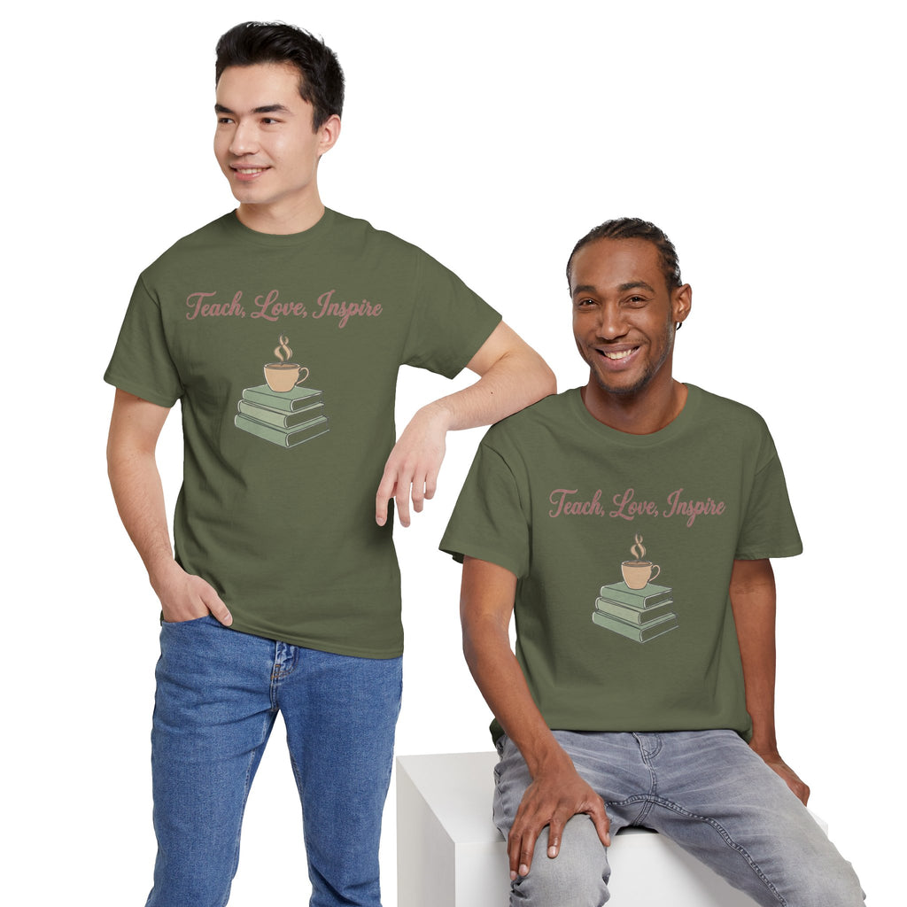 Teacher Tee — "Teach, Love, Inspire" Book & Coffee Graphic T-Shirt