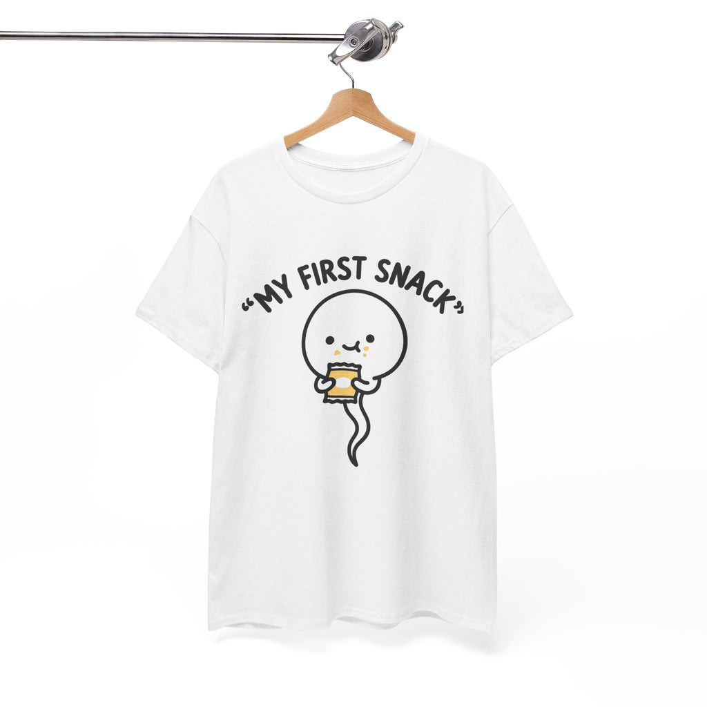 My First Snack Cute Sperm Graphic Tee — Funny Pregnancy Announcement Shirt