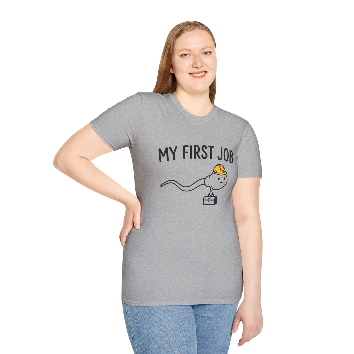 My First Job T-Shirt — Cute Sperm Cell Cartoon Construction Helmet Tee