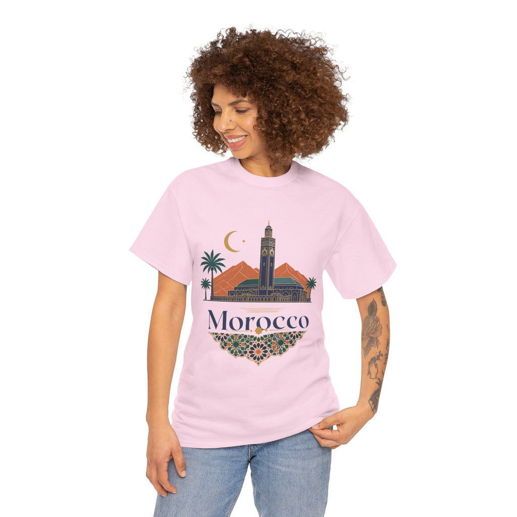 Morocco Travel T-Shirt — Atlas Mountains & Koutoubia Mosque Graphic Tee