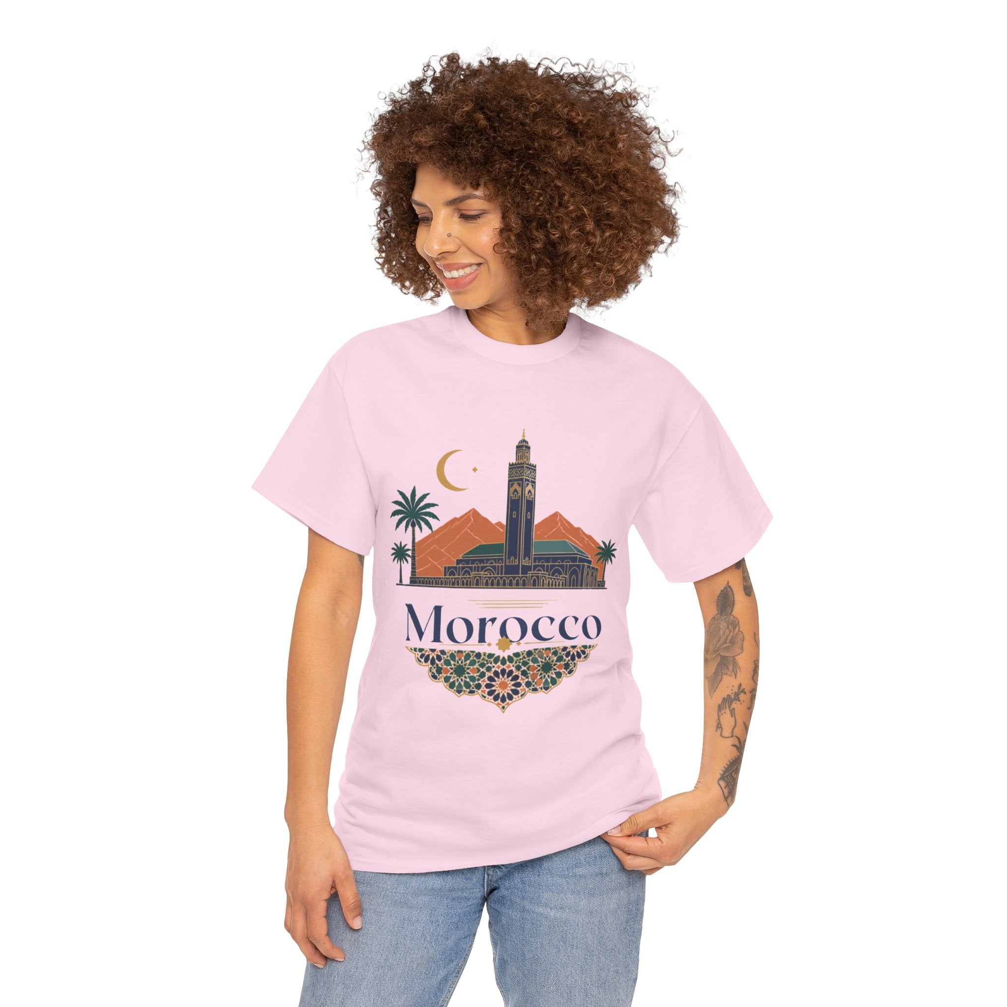 Morocco Travel T-Shirt — Atlas Mountains & Koutoubia Mosque Graphic Tee