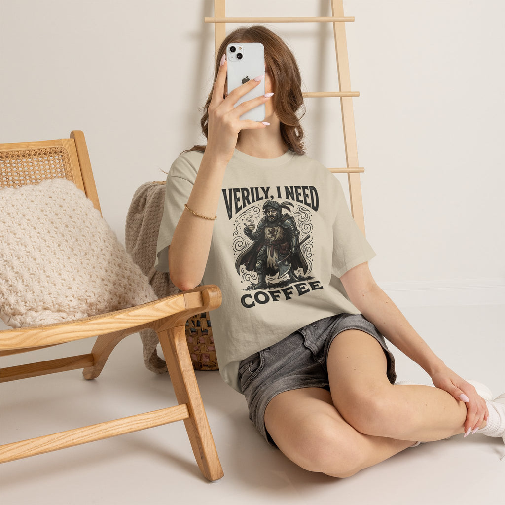 Coffee Viking T‑Shirt — “Verily, I Need Coffee” Medieval Warrior Tee