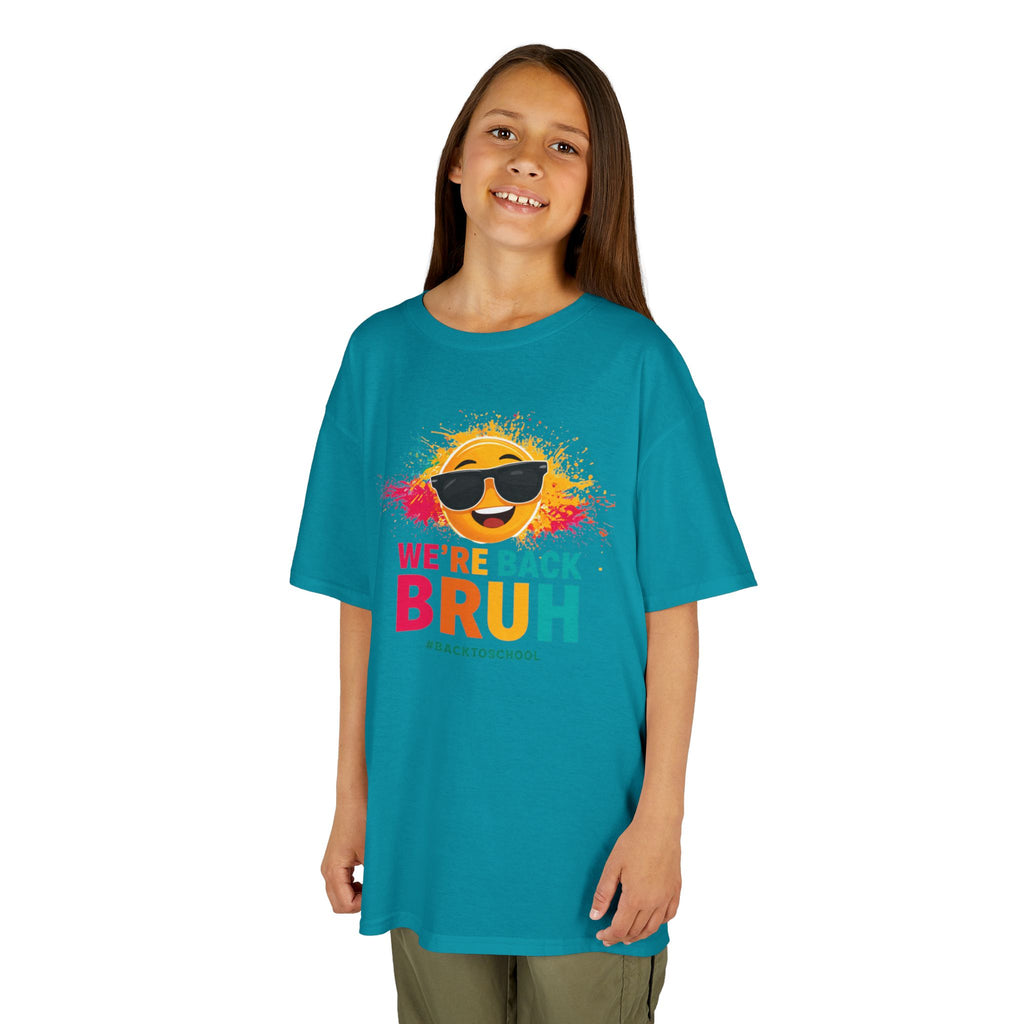 We're Back Bruh Kids Tee — Colorful Sunny Sunglasses Graphic Shirt for Kids