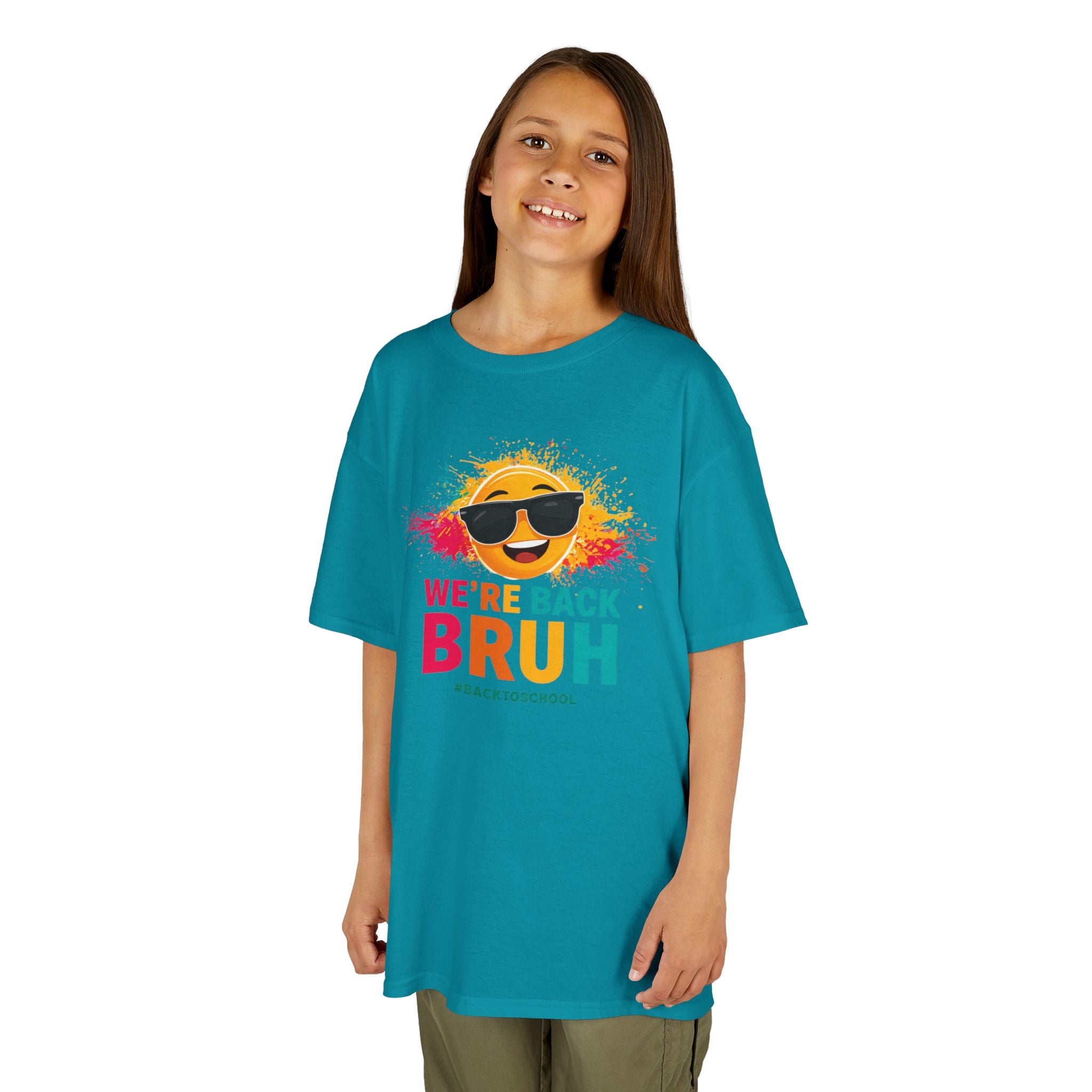 We're Back Bruh Kids Tee — Colorful Sunny Sunglasses Graphic Shirt for Kids