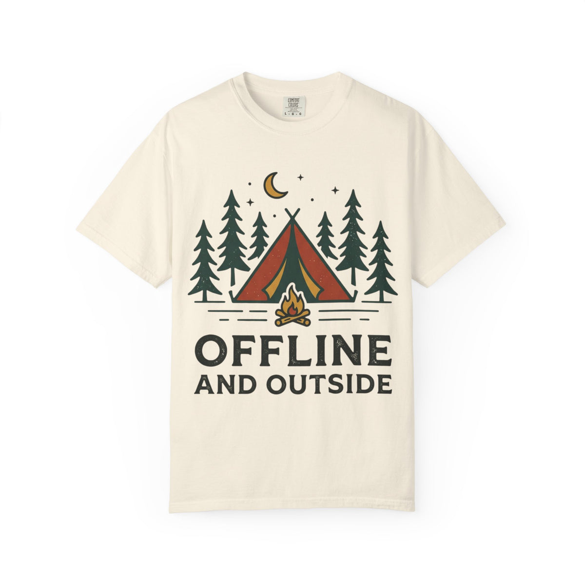 Camping T-Shirt — "Offline and Outside" Tent & Campfire Graphic