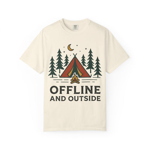 Camping T-Shirt — "Offline and Outside" Tent & Campfire Graphic