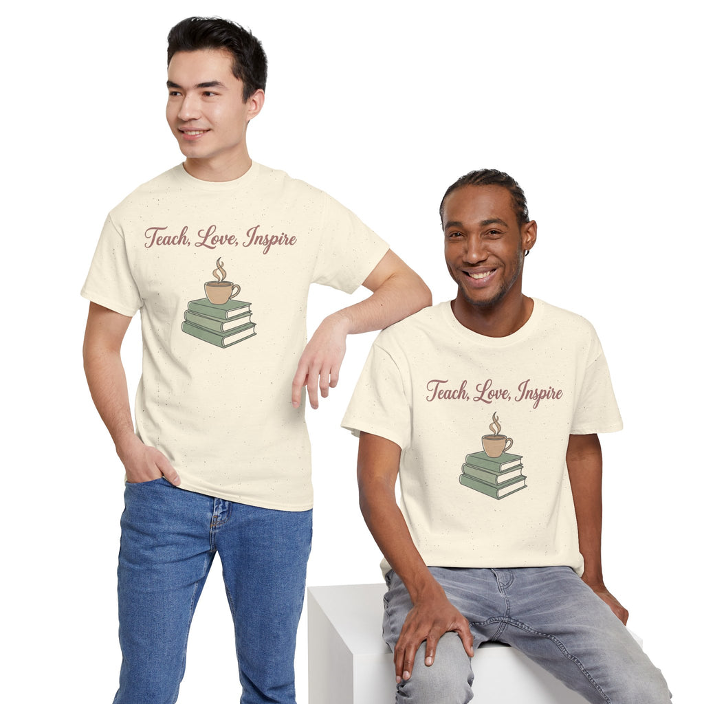 Teacher Tee — "Teach, Love, Inspire" Book & Coffee Graphic T-Shirt