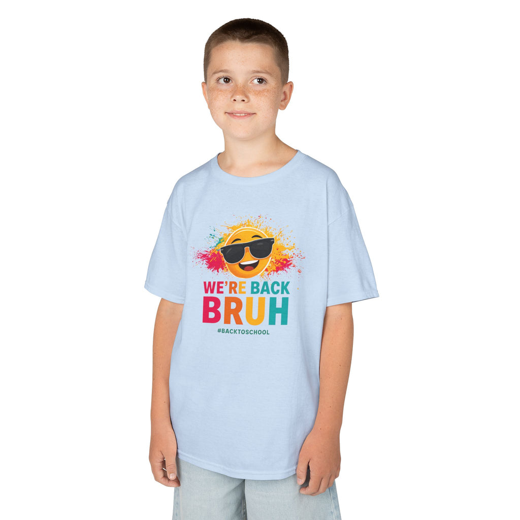 We're Back Bruh Kids Tee — Colorful Sunny Sunglasses Graphic Shirt for Kids